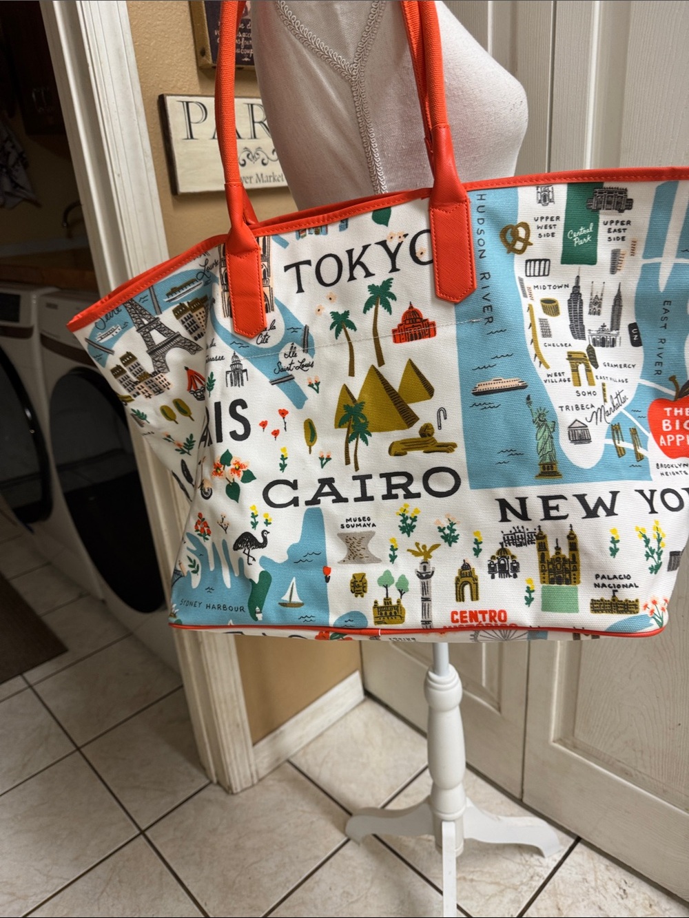 Paris Eiffel Tower Tokyo inspired canvas weekender tote NWOT